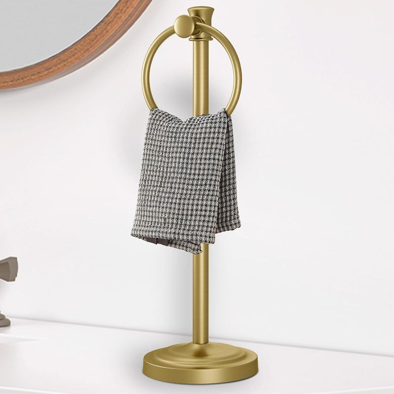 Hoimpro 17 Inch Stand Hand Towel Holder Towel Bar Towel Hanging Ring, Free Standing Floor Hand Towel Rack Storage for Bathroom Kitchen Vanity Countertops, Hardware Accessories(Brushed Gold) - Image 1